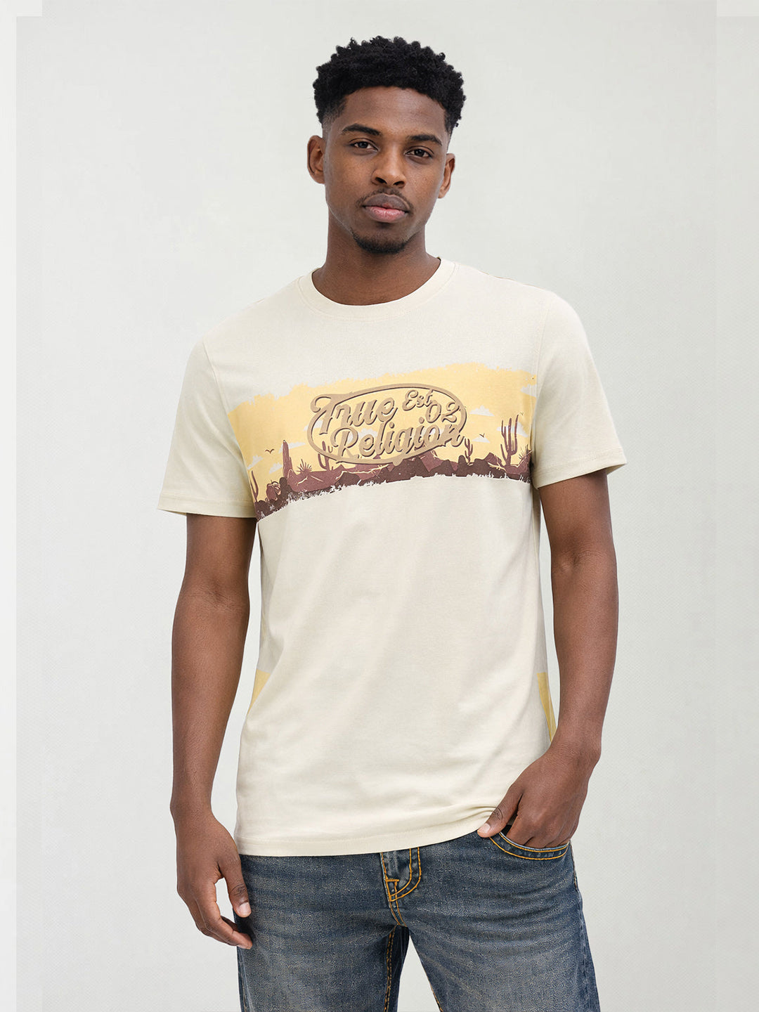 True Religion Men Beige Printed Regular Fit T-Shirt