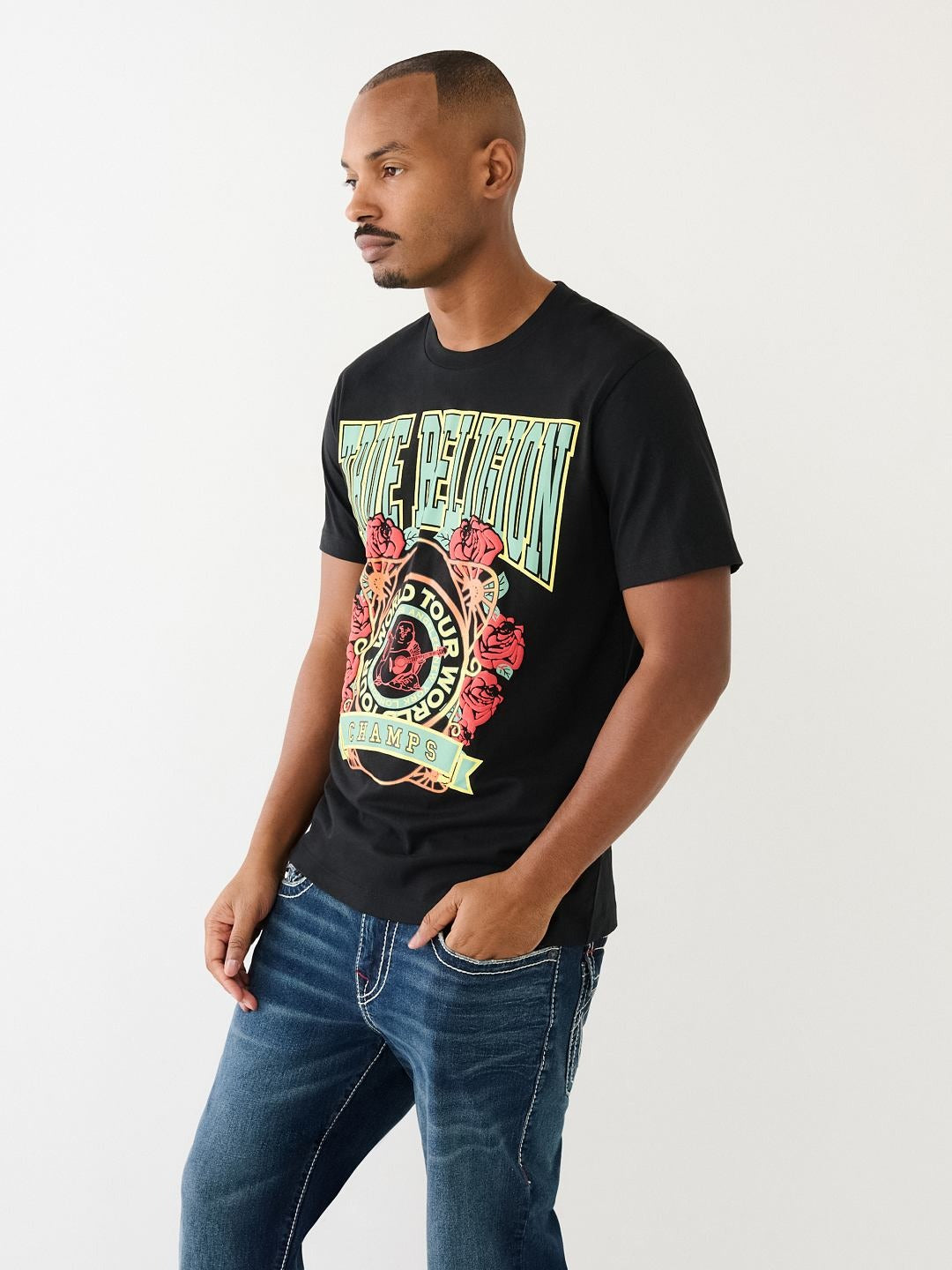 True Religion Men Black Printed Round Neck Short Sleeves T-Shirt