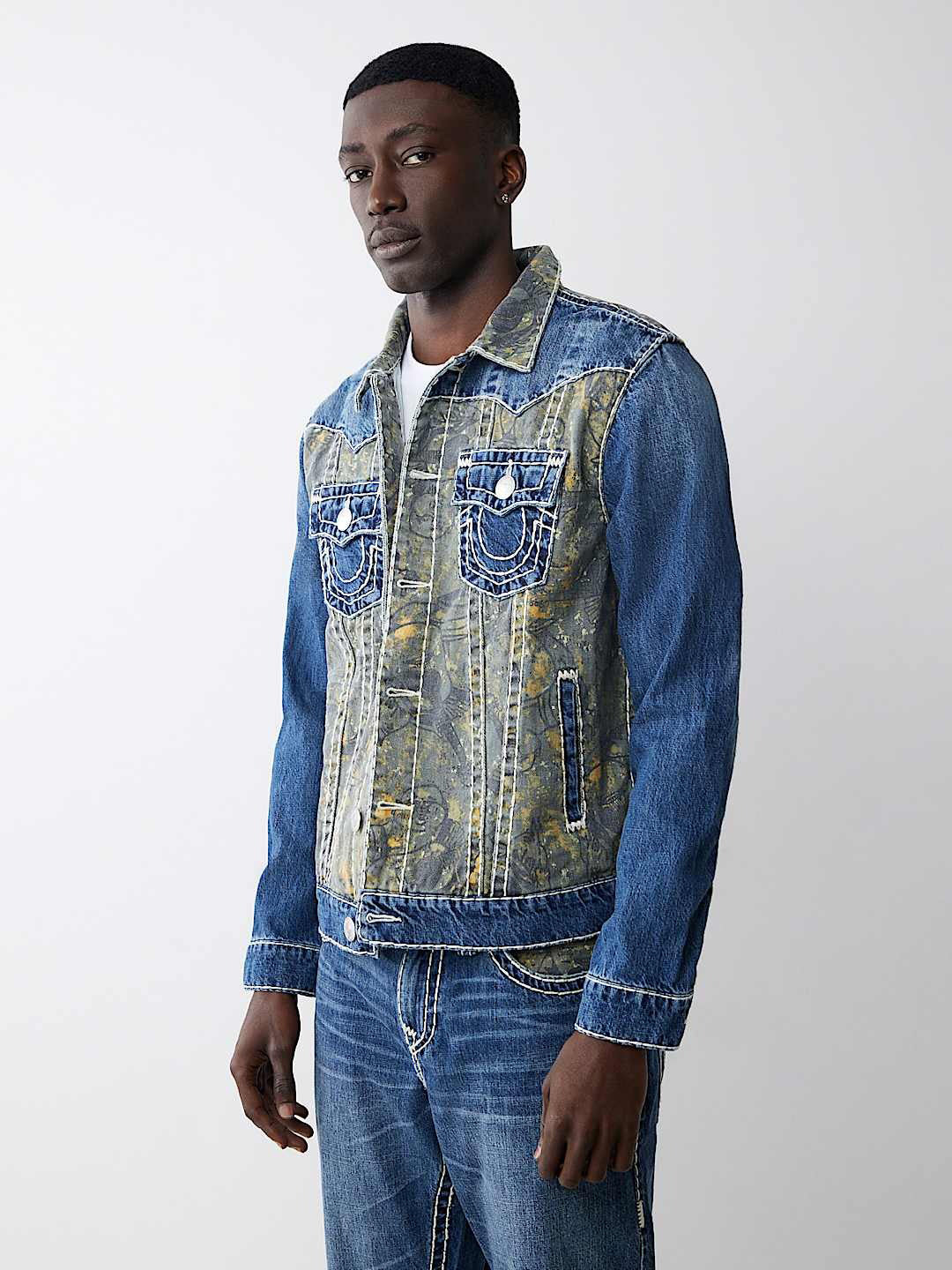 True Religion Men Blue Washed Shirt Collar Jacket