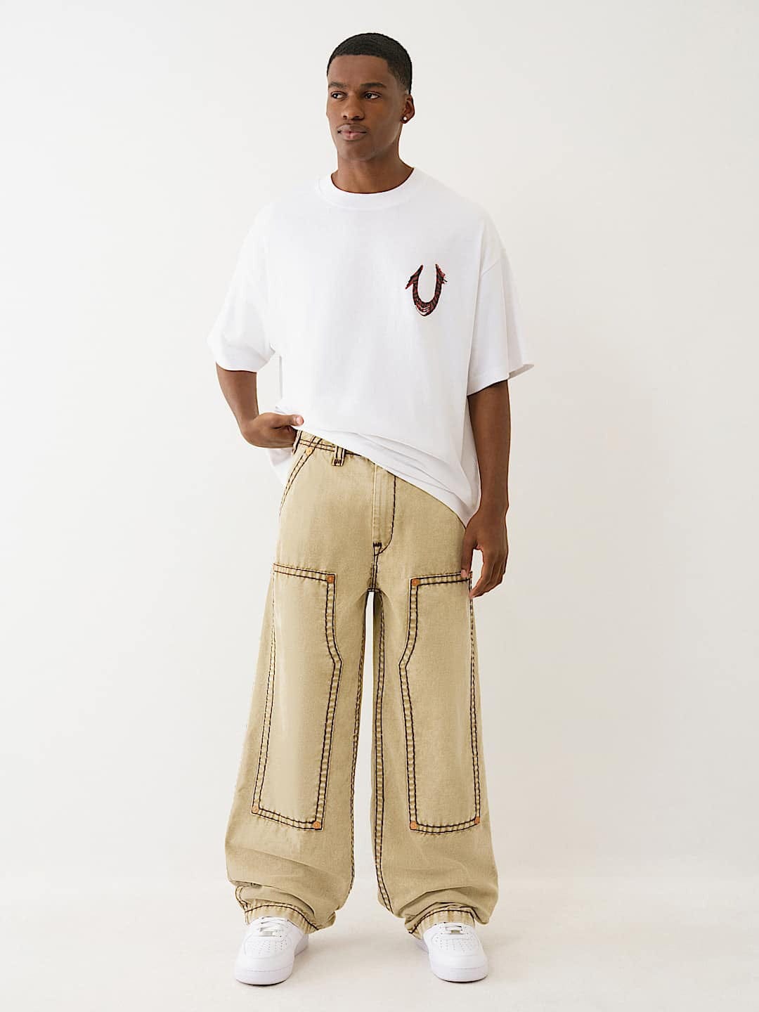 TRUE RELIGION Men Beige Super T Lightly Washed Mid Rise Baggy Jeans