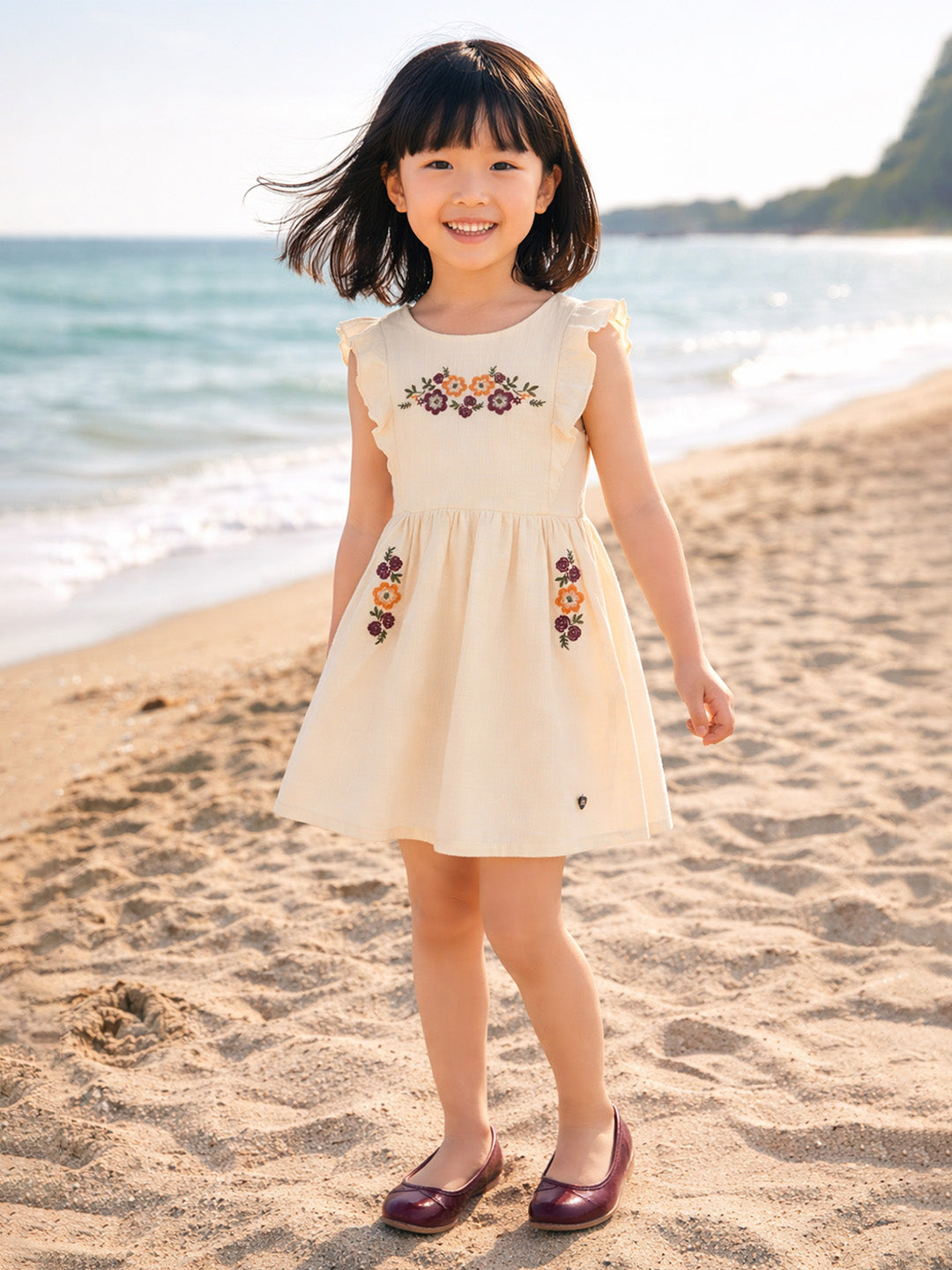 Blue Giraffe Girls Cream Embroidered Fit & Gathered Dress