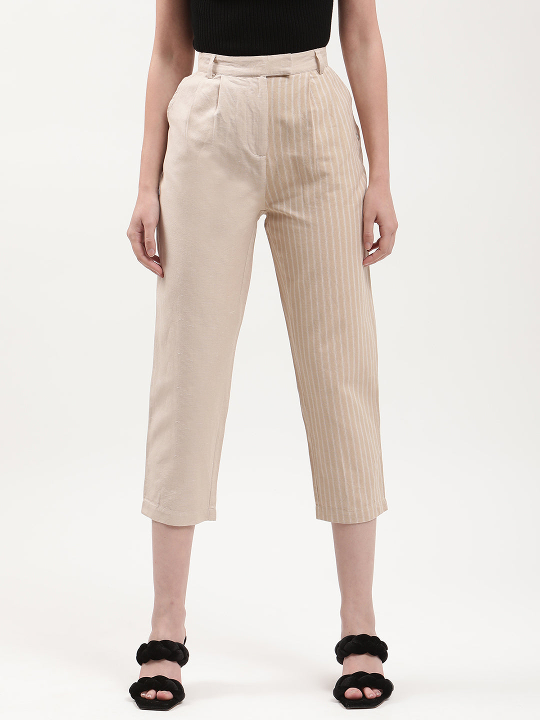 Elle Women Beige Striped Relaxed Fit Trouser