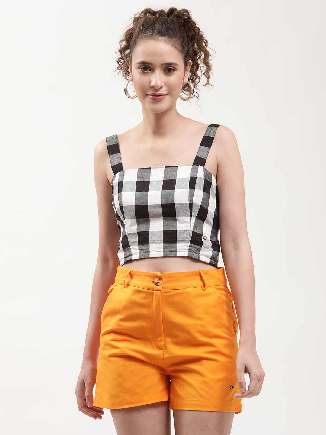 Elle Women Black Checked Square Neck Top