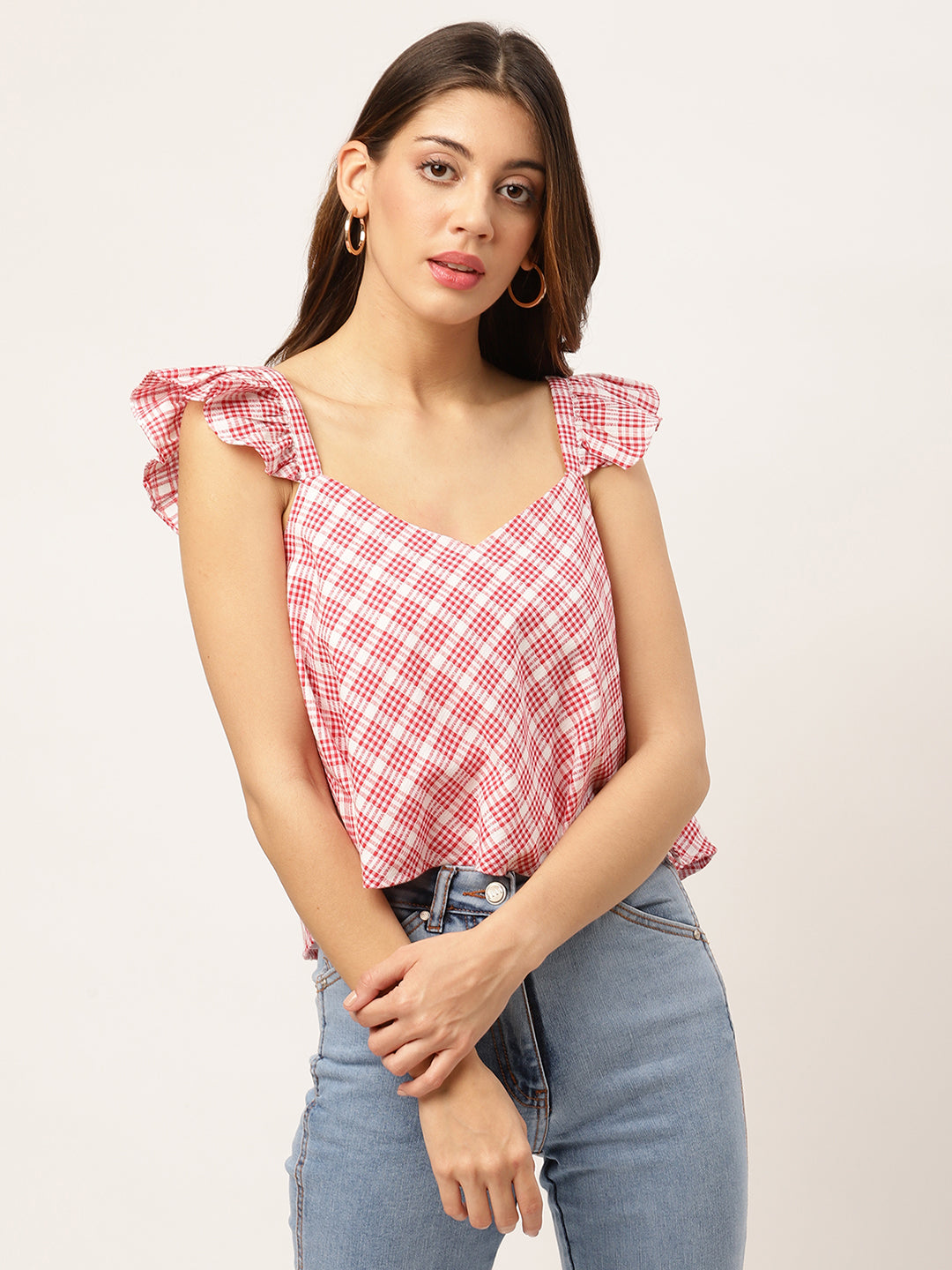 Elle Women Red Checked V Neck Top