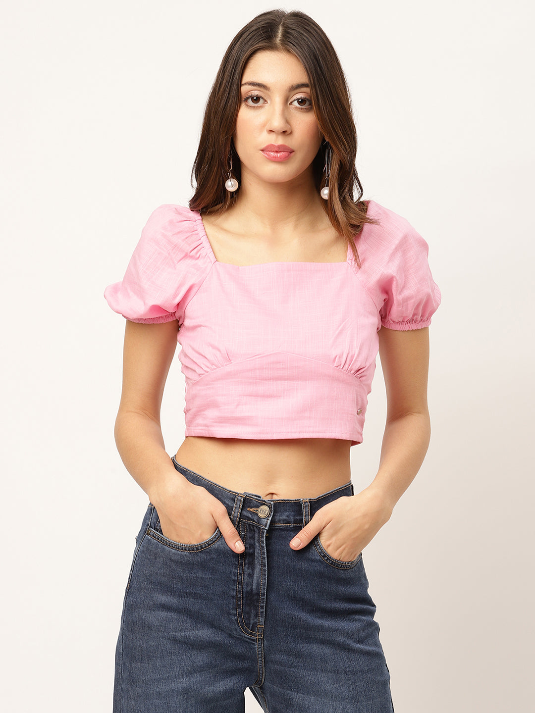 Elle Women Pink Solid Square Neck Top