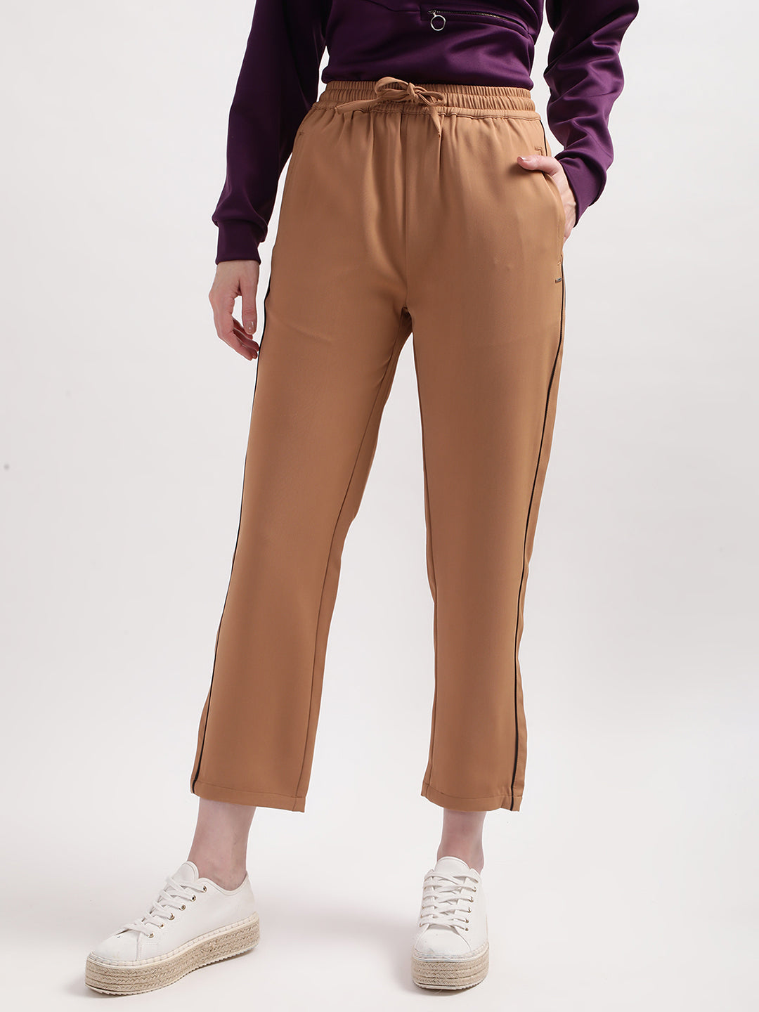Elle Women Brown Solid Regular Fit Trouser