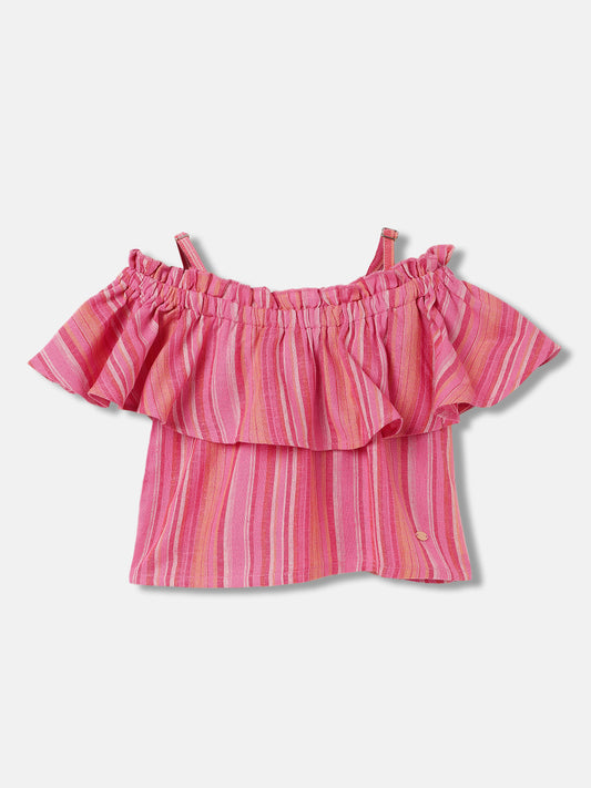 Elle Kids Girls Pink Striped Off Shoulder Sleeveless Top