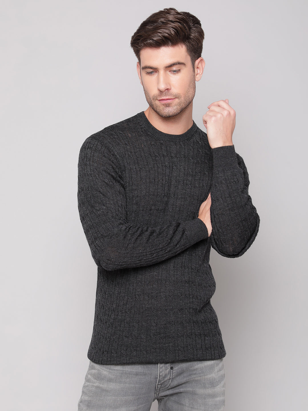 Bruun & Stengade Men Grey Solid Round Neck Sweater