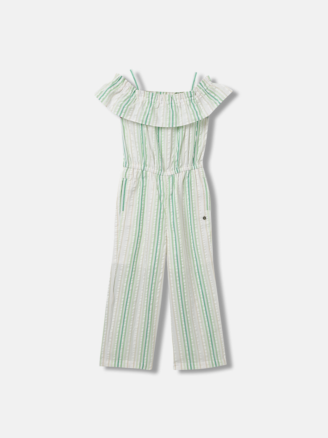 Elle Kids Girls Green Striped Square Neck Shoulder Straps Jumpsuit
