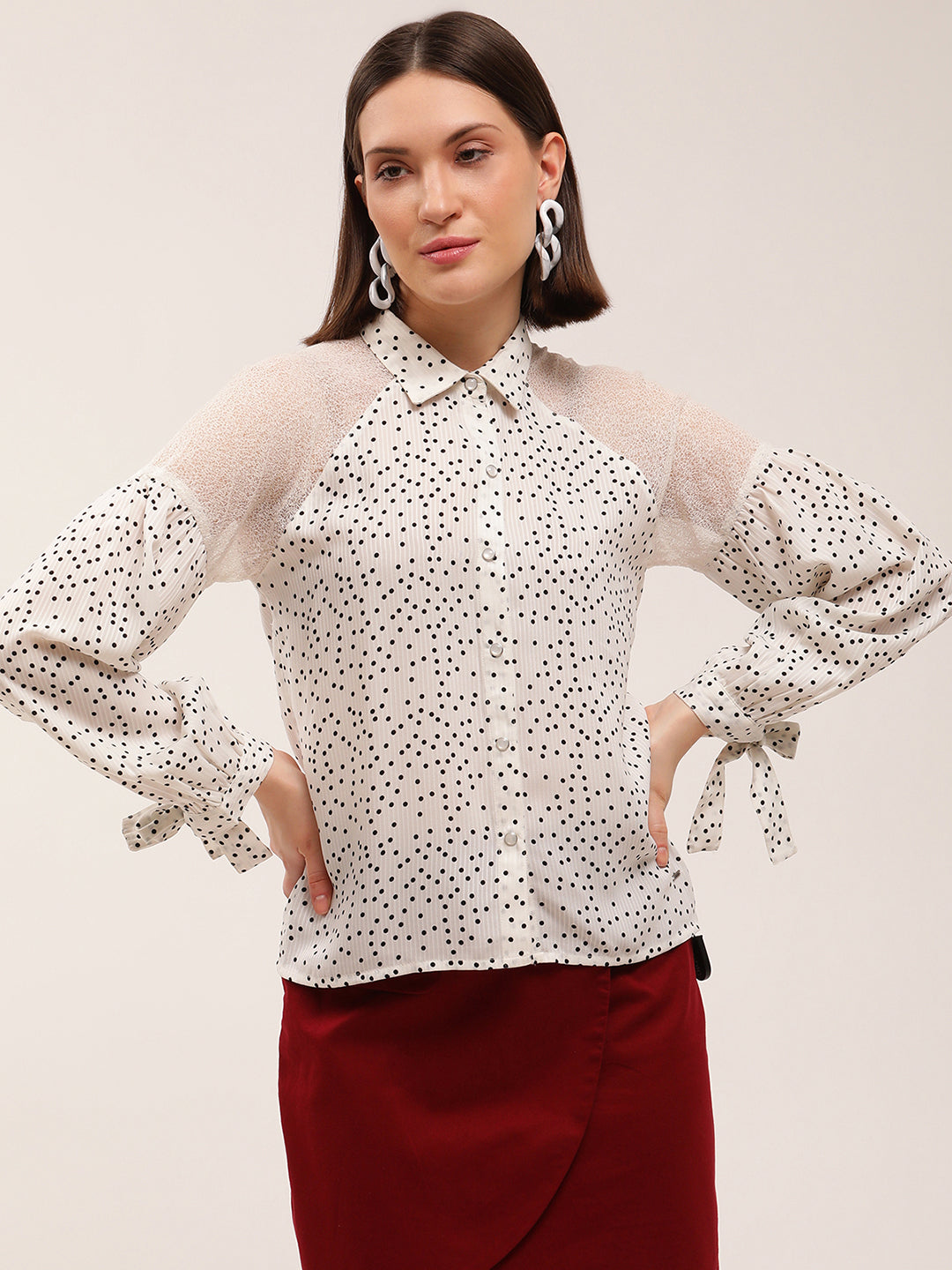 Elle Women White Printed Collar Top