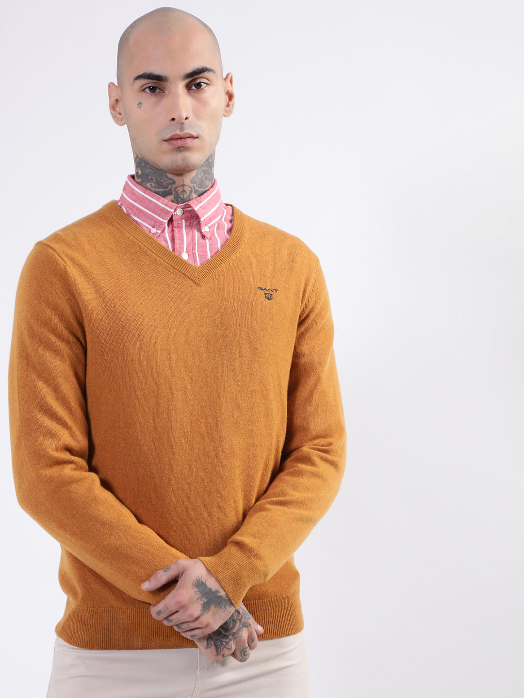 Shop Gant Men Orange Solid V Neck Sweater Online – Iconic India