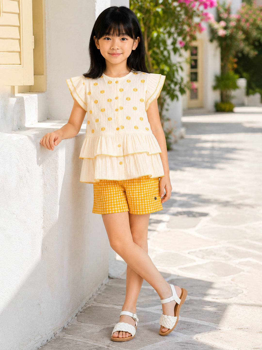 Elle Cream Cotton Printed Girls Top