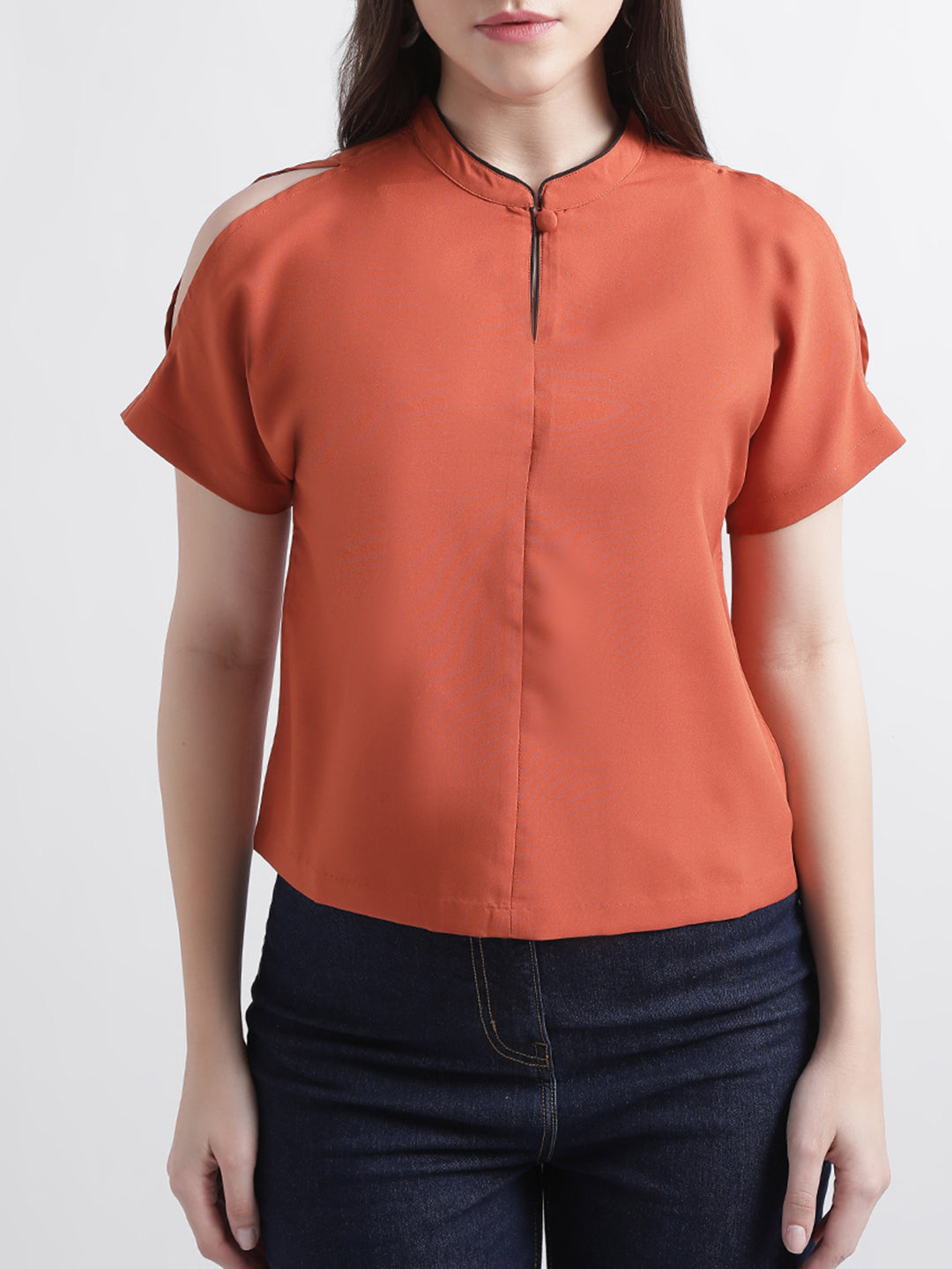 Shop Centre Stage Women Rust Solid Band Collar Top Online – Iconic