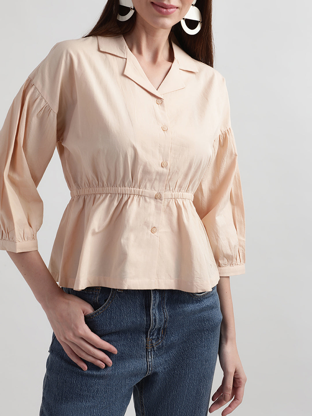 Elle Women Beige Solid Collar Top