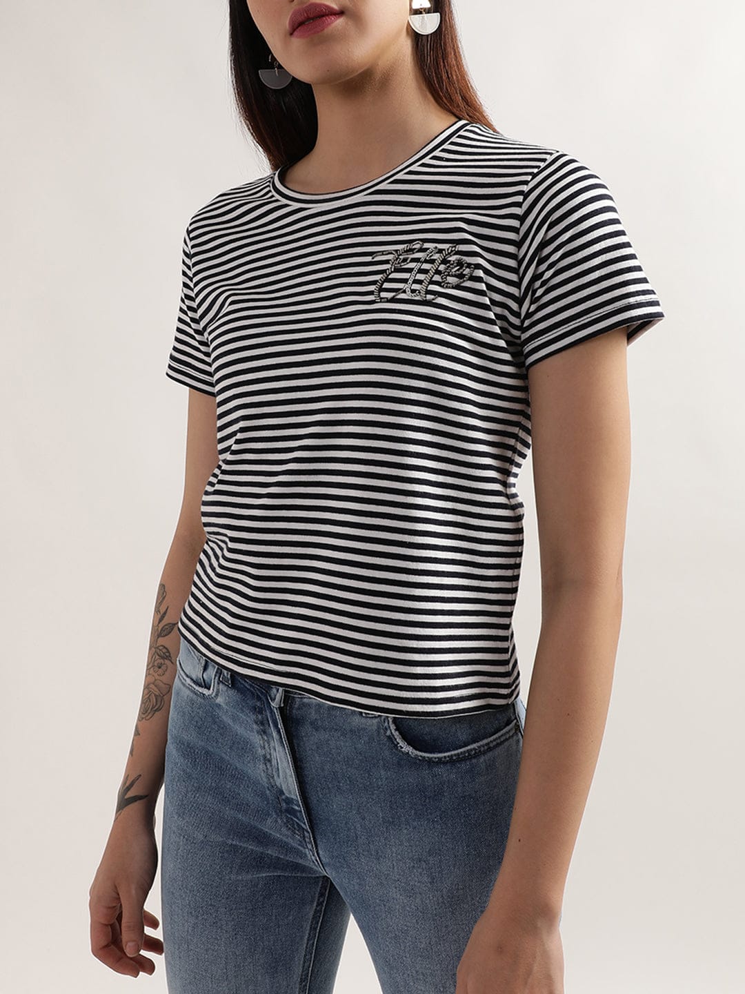 Elle Women Black Striped Tshirt