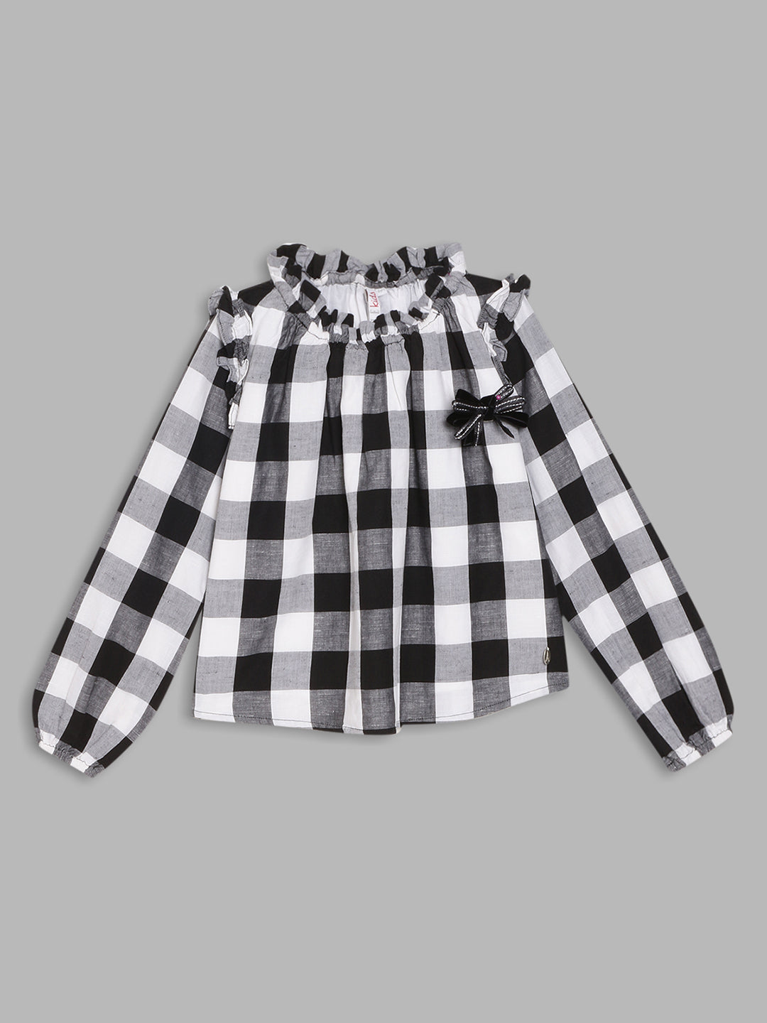 Elle Kids Girls Black Checked Round Neck Top