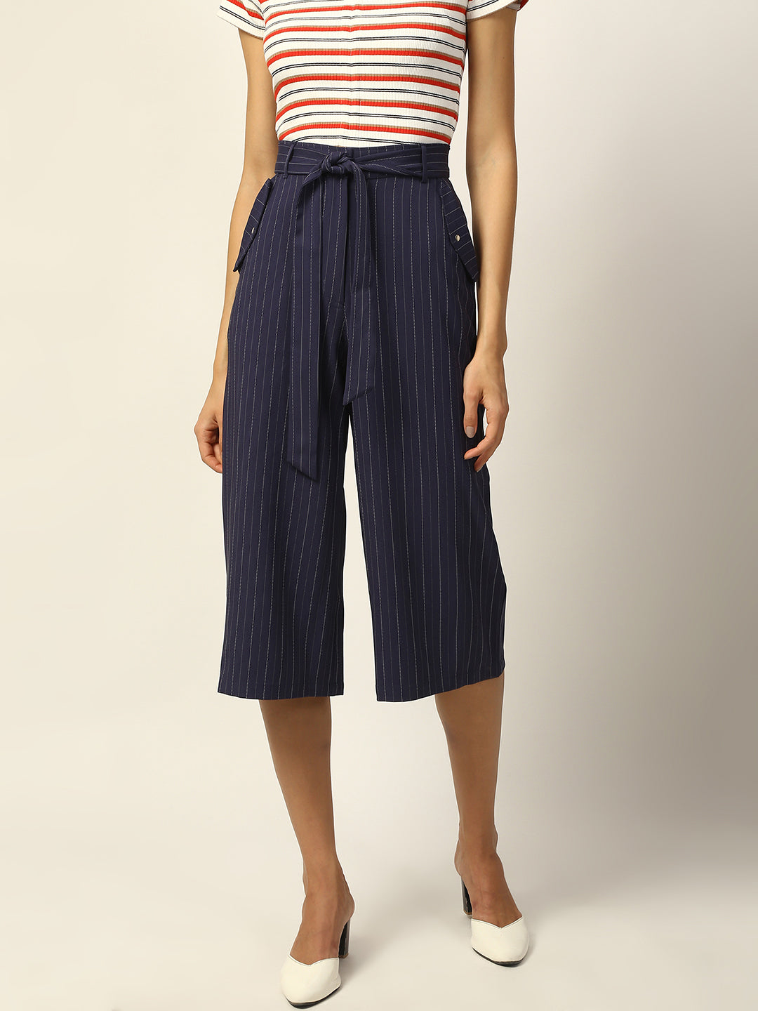 Elle Women Navy Blue Printed Flared Fit Trouser