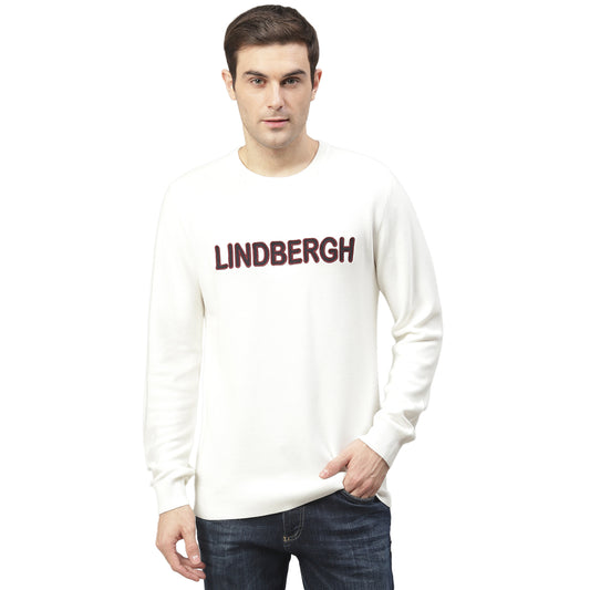 Lindbergh Men Off White Printed Round Neck Sweater