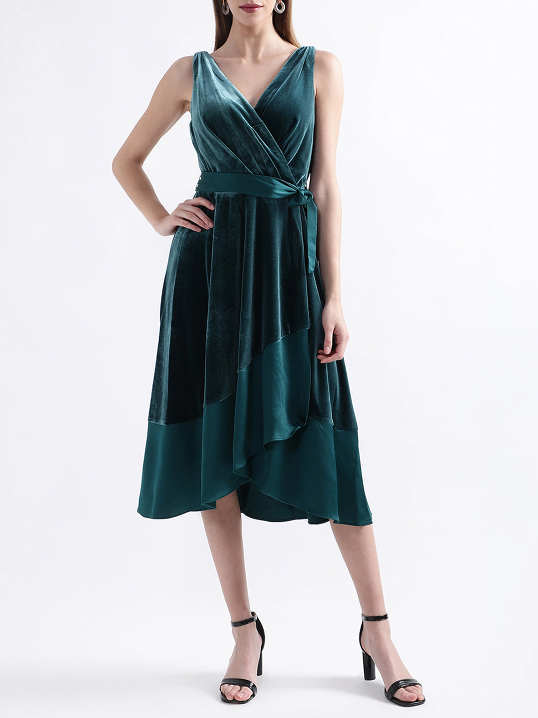 Shop DKNY Women Dark Green Solid V Neck Dress Online – Iconic India