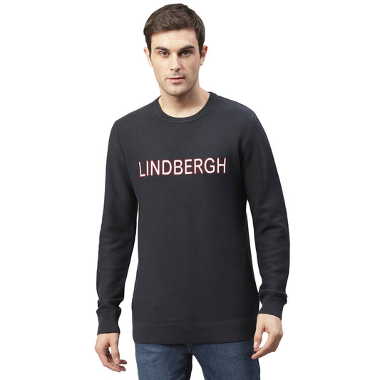 Lindbergh Men Navy Printed Round Neck Sweater