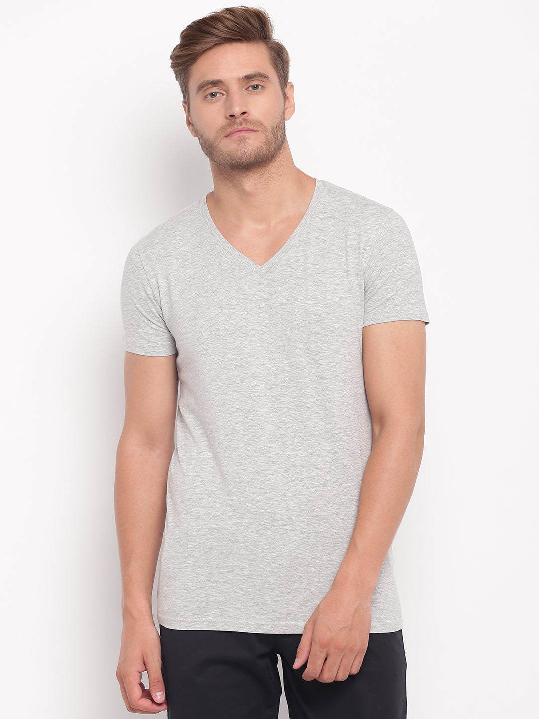 Lindbergh Men Grey Solid V Neck TShirt
