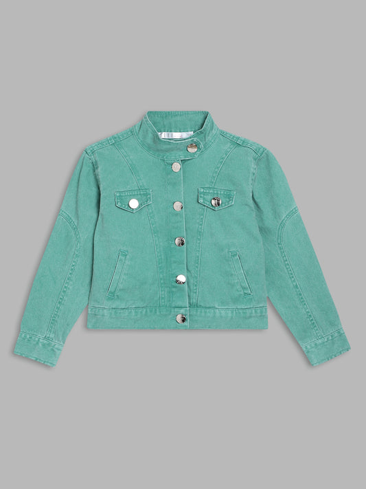 Elle Kids Girls Green Solid Band Collar Jacket