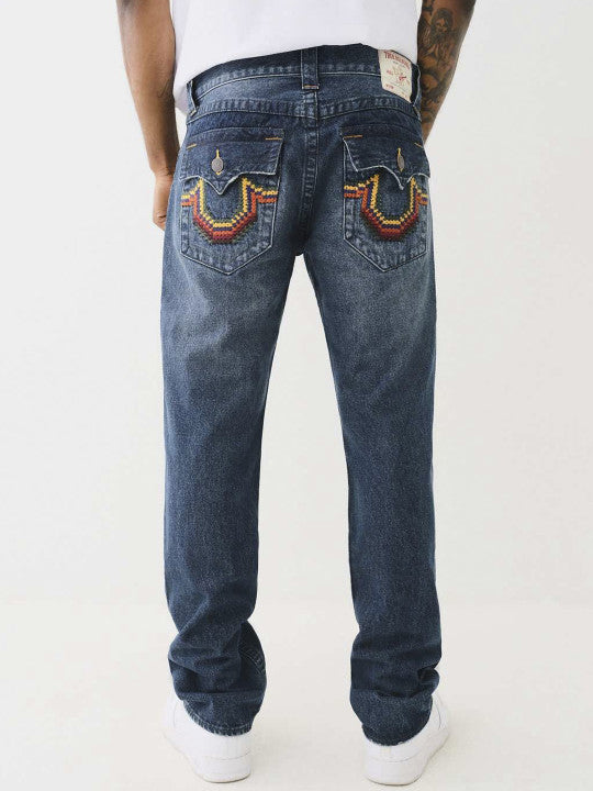 True Religion Men CROSS STITCH Ricky Straight Fit Dark Wash Jeans