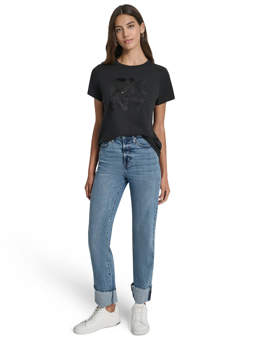 DKNY Womens Black Logo Round Neck T-Shirt