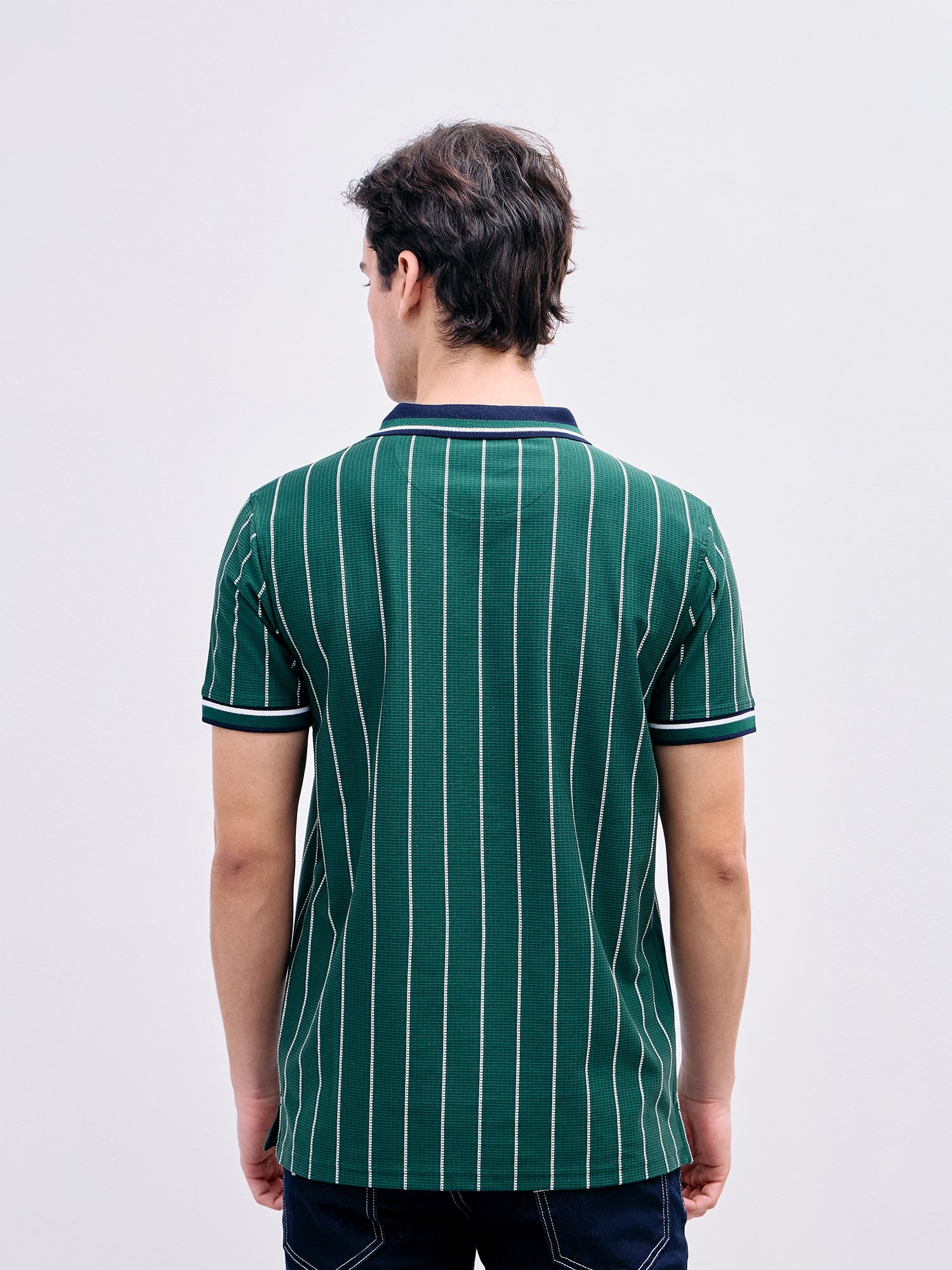Iconic Men Green Striped Polo Tshirt