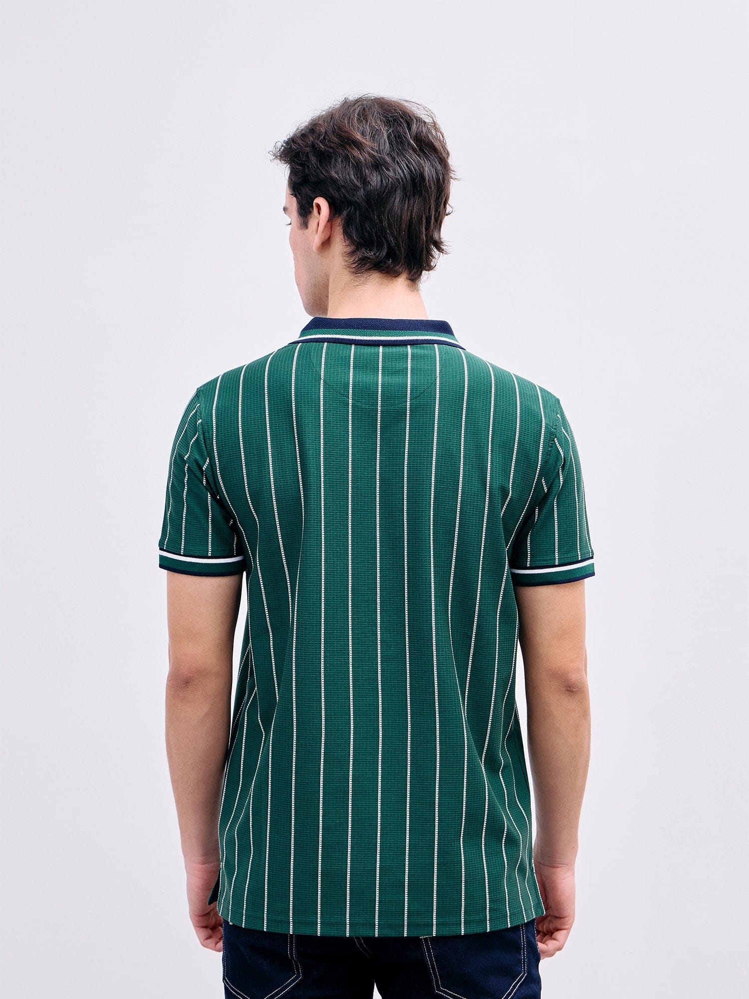 Iconic Men Green Striped Polo Tshirt