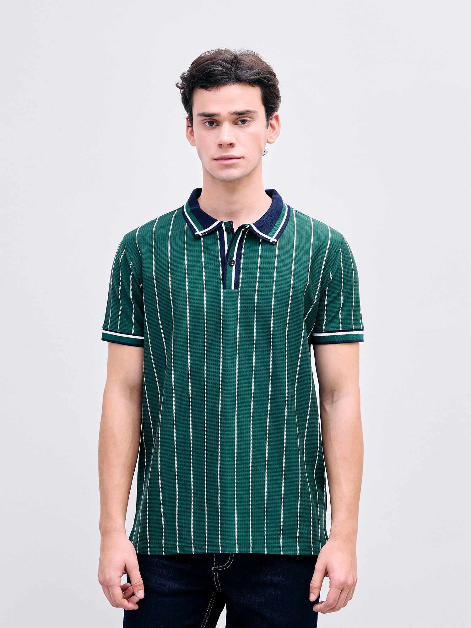 Iconic Men Green Striped Polo Tshirt