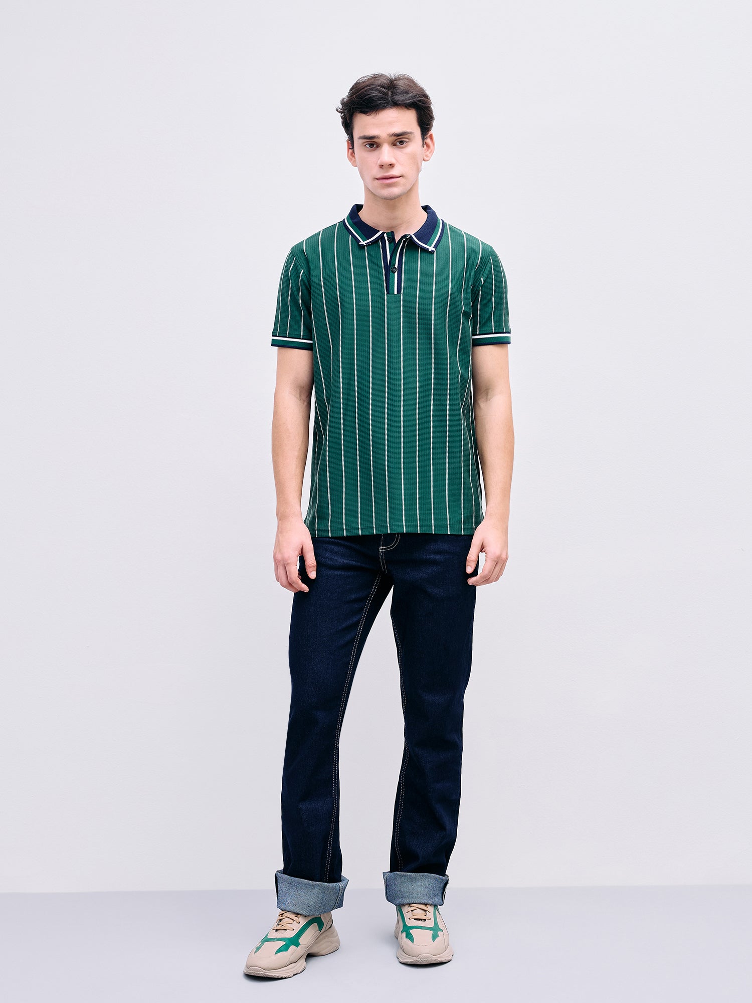 Iconic Men Green Striped Polo Tshirt