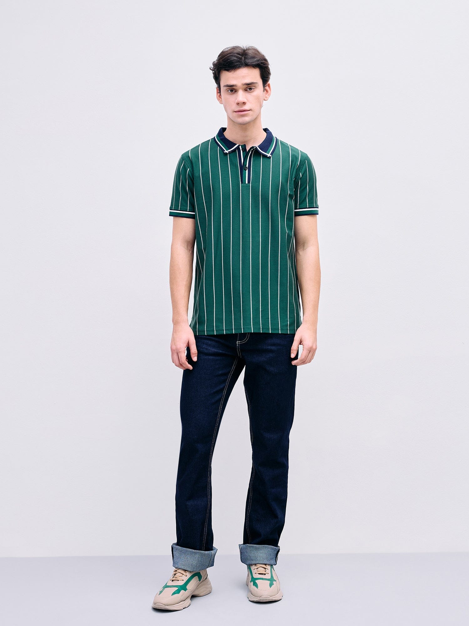 Iconic Men Green Striped Polo Tshirt