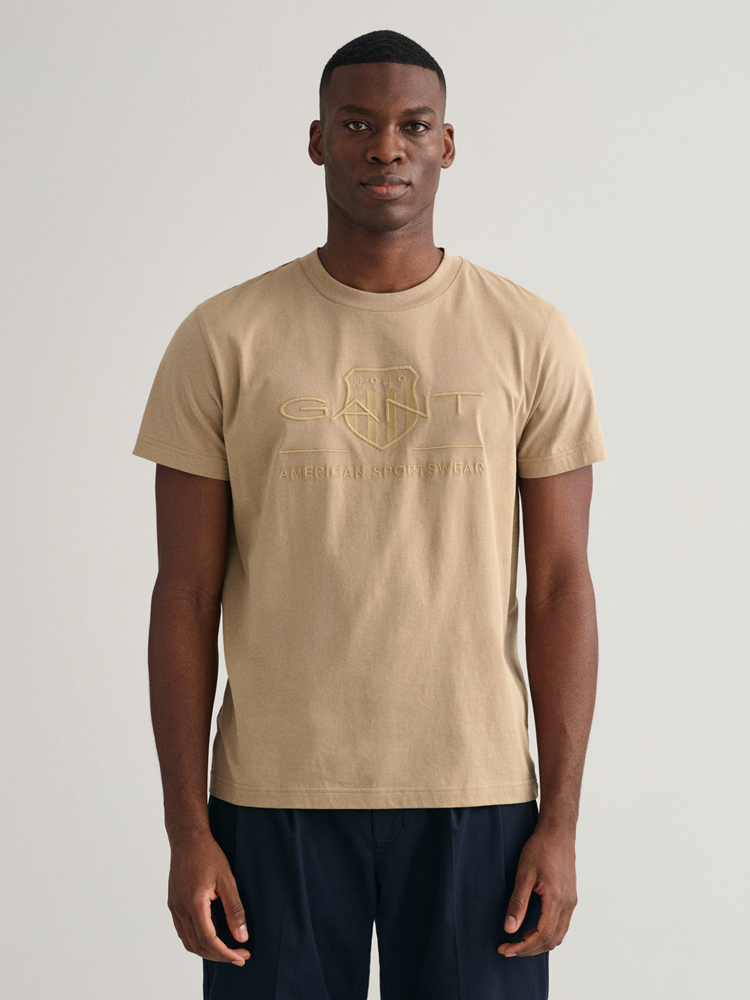 Shop Gant Men Beige Solid Round Neck Short Sleeves T-Shirt Online