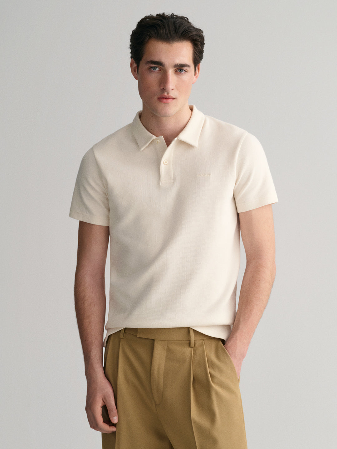 Shop Gant Men Cream Solid Polo Collar Short Sleeves T-Shirt Online
