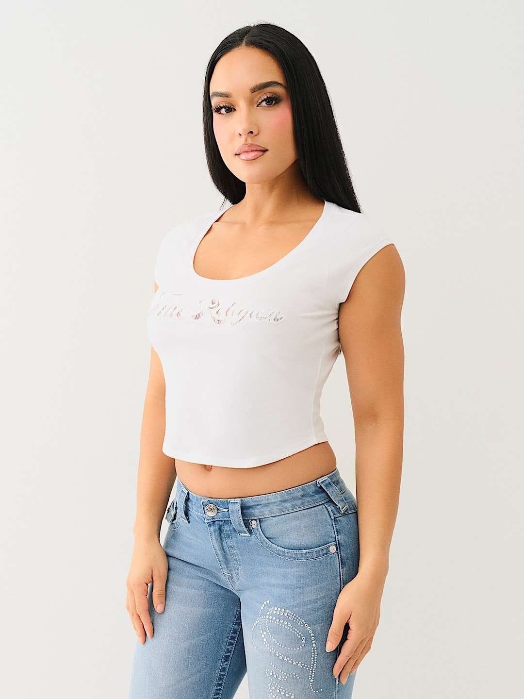 True Religion Women White Solid Scoop Neck Top