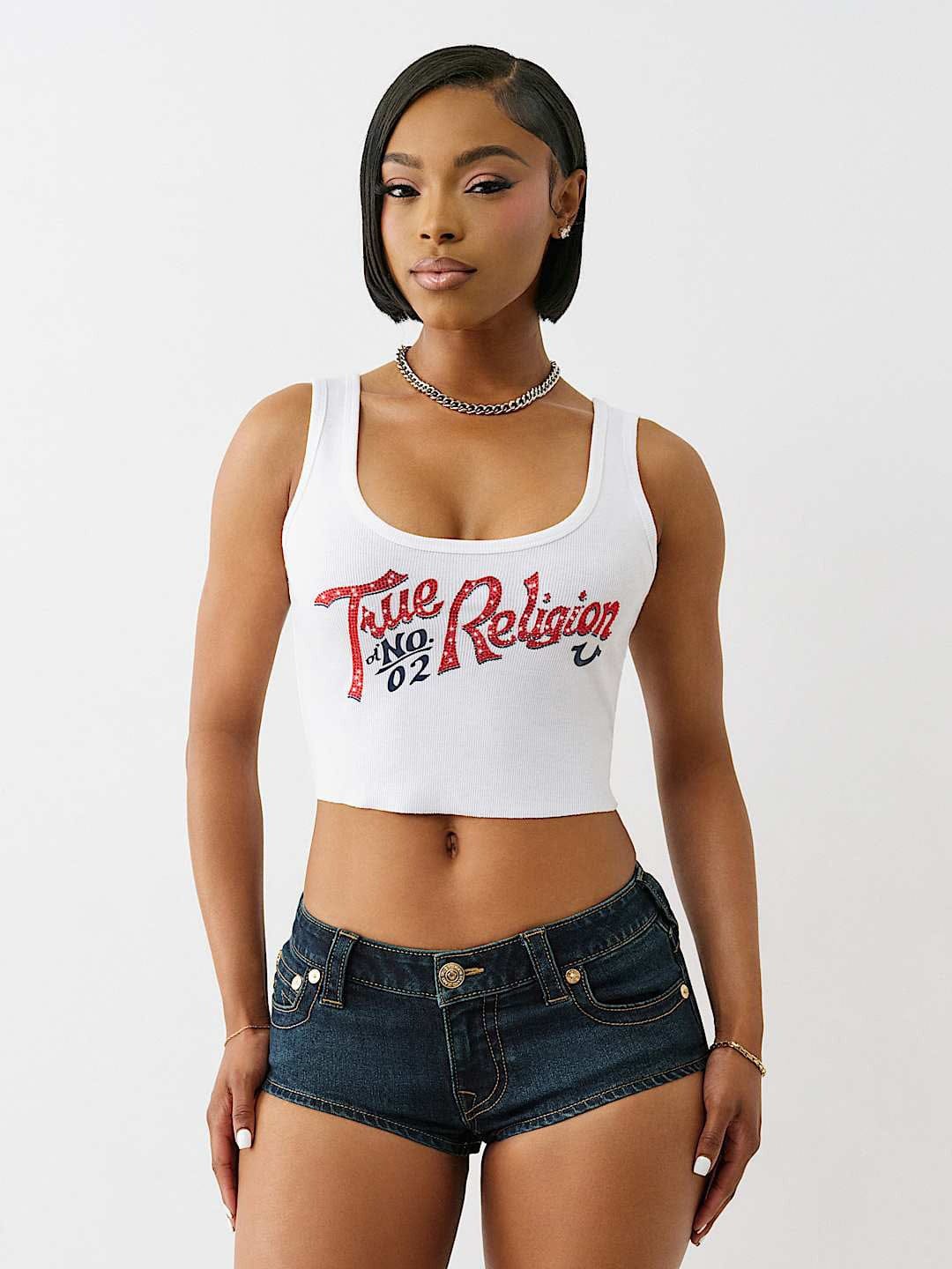 True Religion Women White Placement Print Scoop Neck Top