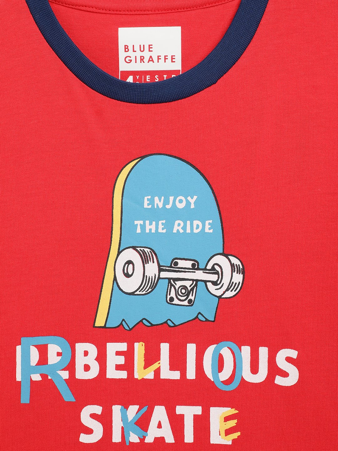 Blue Giraffe Boys Red Printed Round Neck Short Sleeves Tshirt