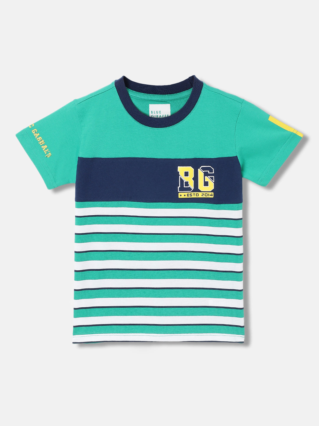 Blue Giraffe Boys Green Striped Round Neck Short Sleeves Tshirt