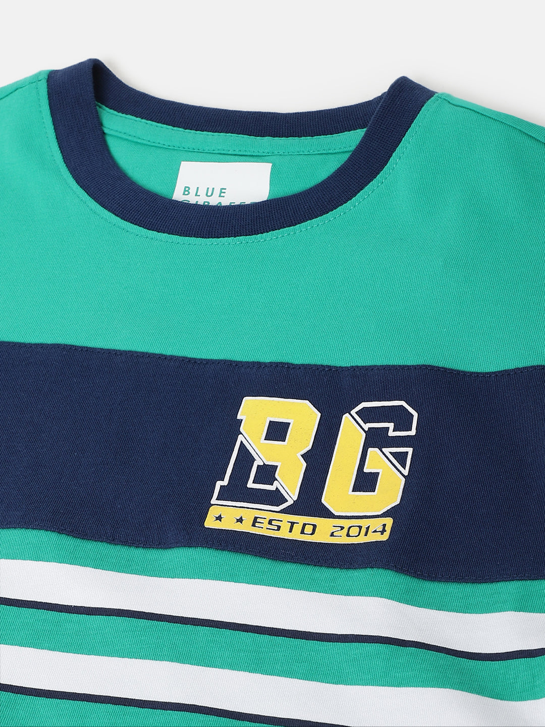 Blue Giraffe Boys Green Striped Round Neck Short Sleeves Tshirt