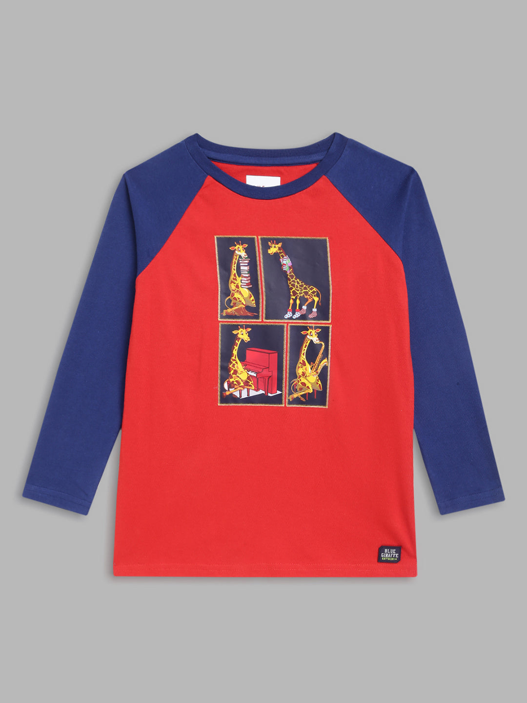 Blue Giraffe Boys Red Printed Round Neck Full Sleeves Tshirt
