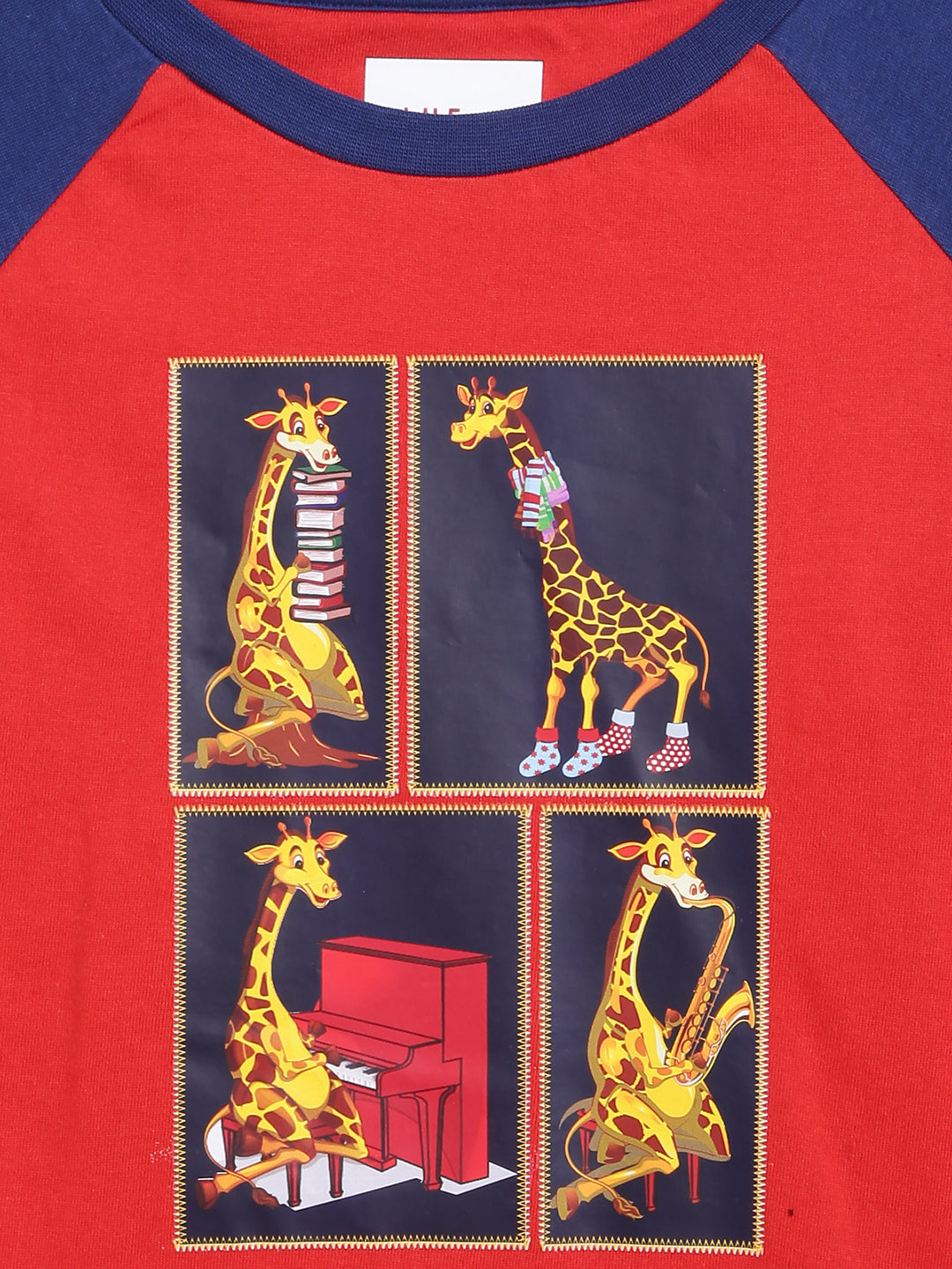 Blue Giraffe Boys Red Printed Round Neck Full Sleeves Tshirt