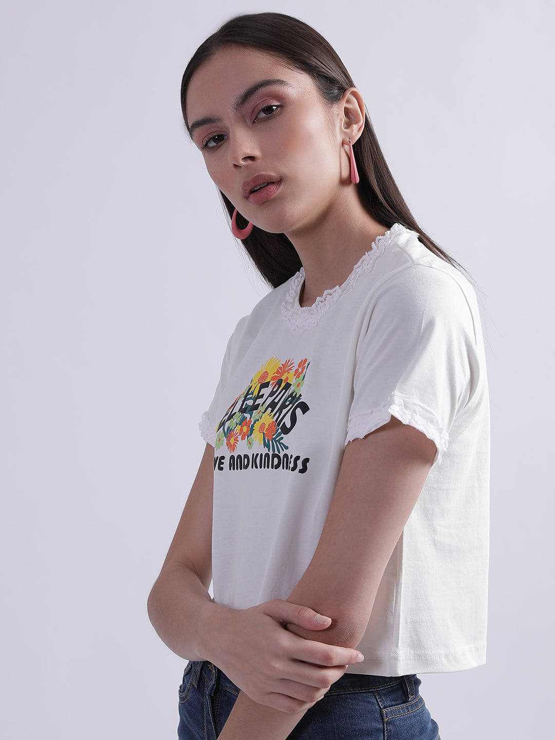 Elle Women White Printed Round Neck Short Sleeves Tshirt