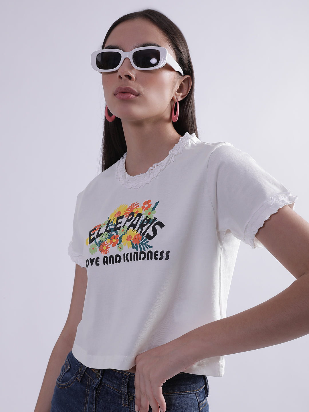 Elle Women White Printed Round Neck Short Sleeves Tshirt