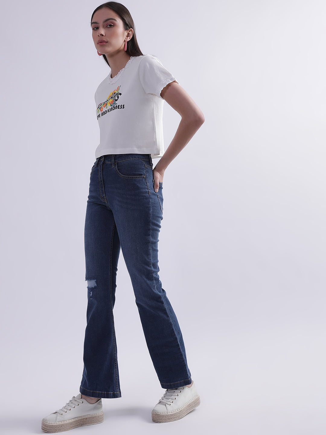 Elle Women White Printed Round Neck Short Sleeves Tshirt