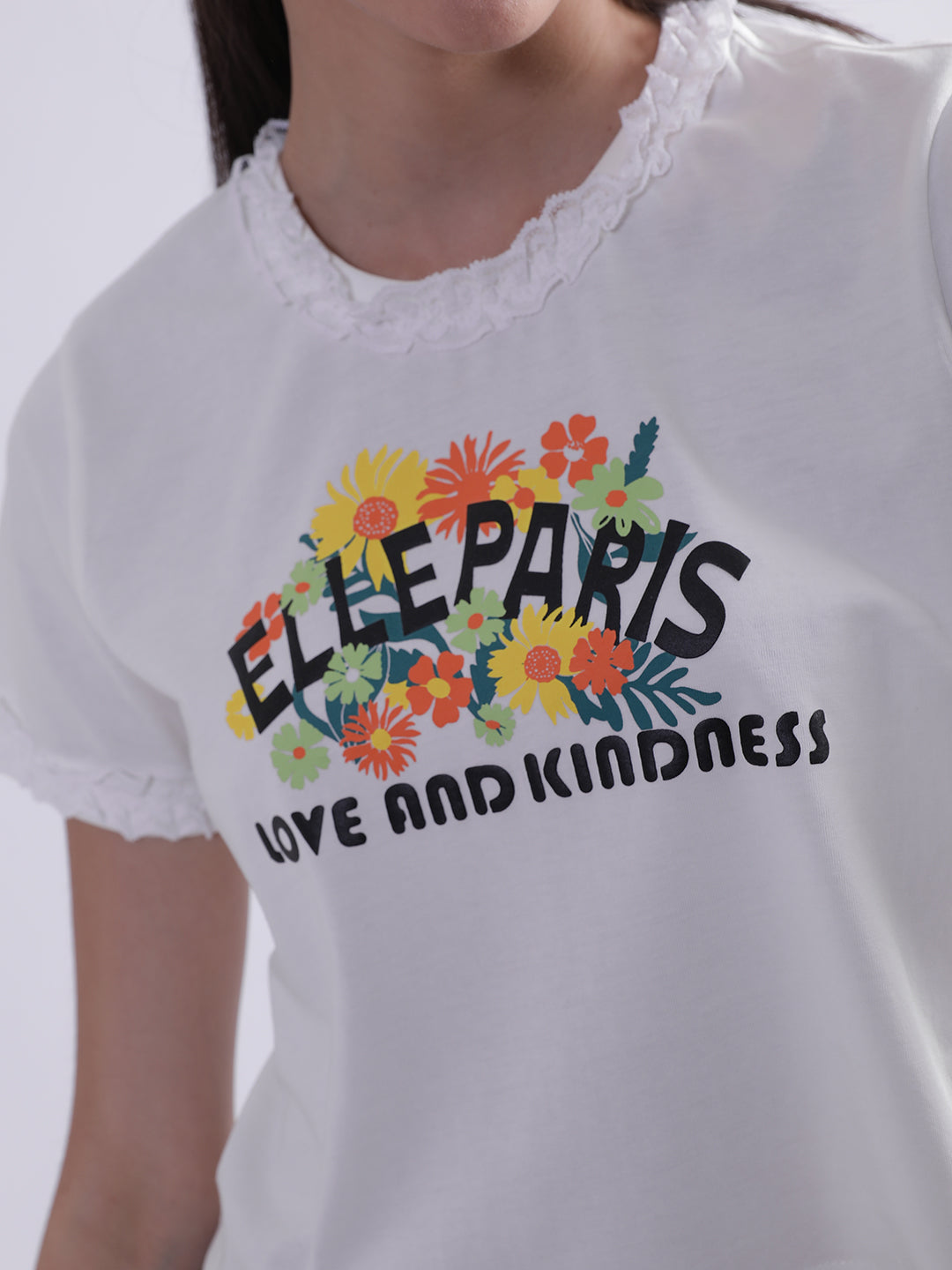 Elle Women White Printed Round Neck Short Sleeves Tshirt