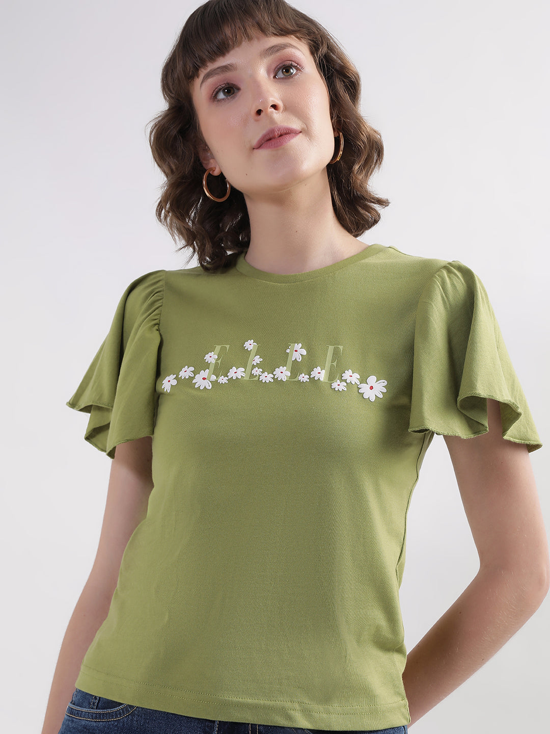 Elle Women Green Solid Round Neck Short Sleeves Tshirt