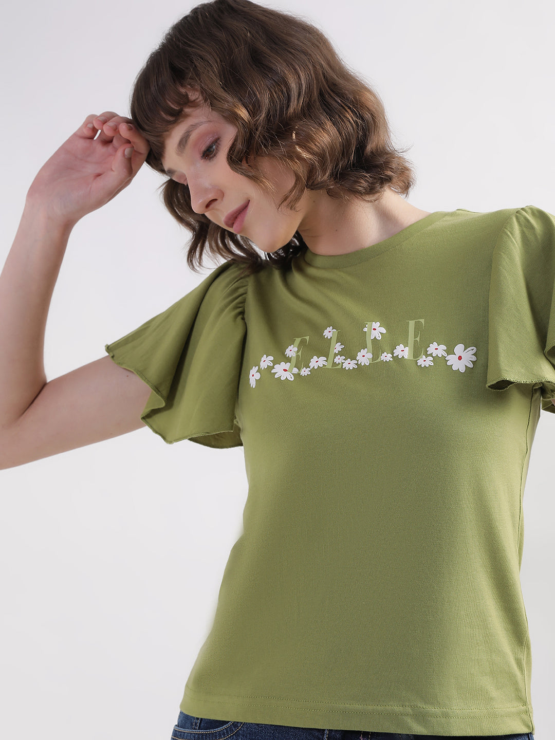 Elle Women Green Solid Round Neck Short Sleeves Tshirt