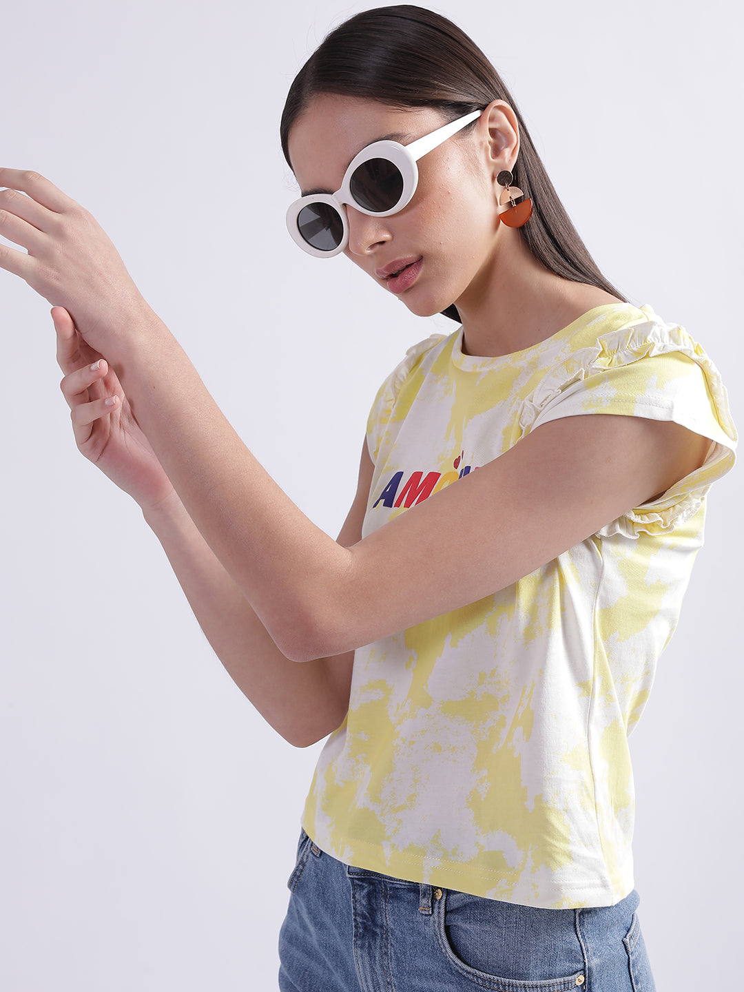 Elle Women Yellow Tie-Dye Round Neck Short Sleeves Tshirt