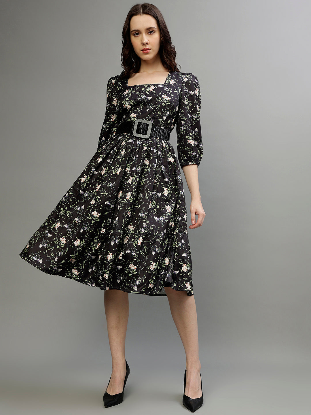 Shop Elle Women Black Printed Square Neck 3/4th Sleeves Fit And Flare Dress  Online – Iconic India